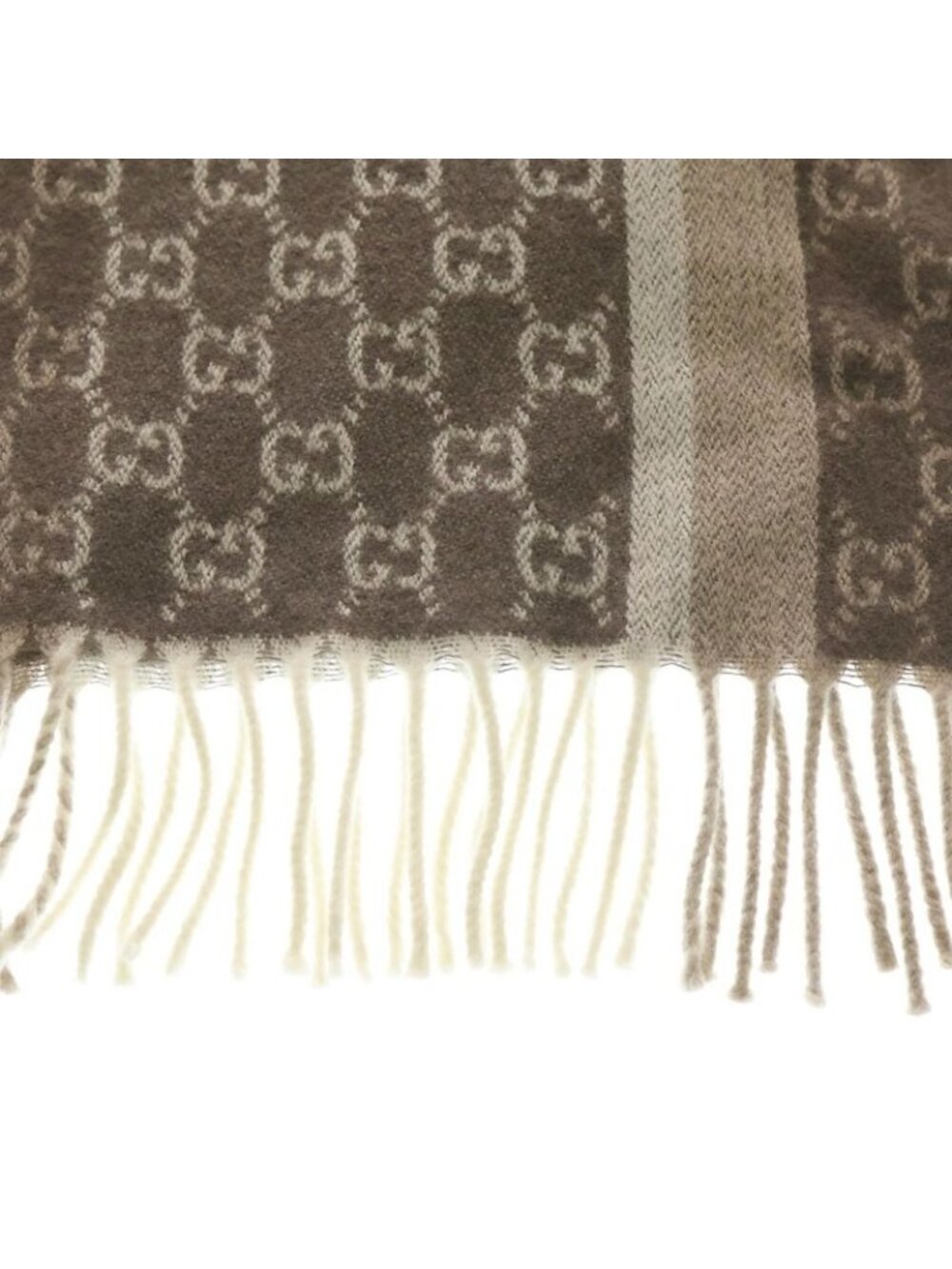 Gucci GG Pattern Wool Fringe Muffler Brown Scarf - Picture 3 of 6